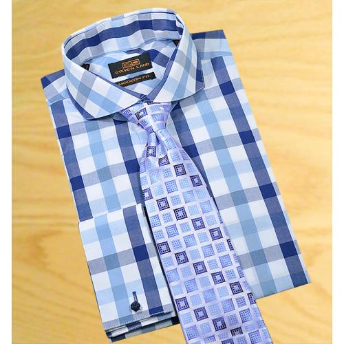 Steven Land White /  Navy / Baby Blue Windowpanes 100% Cotton Dress Shirt With Spread Collar/ French Cuffs 1093